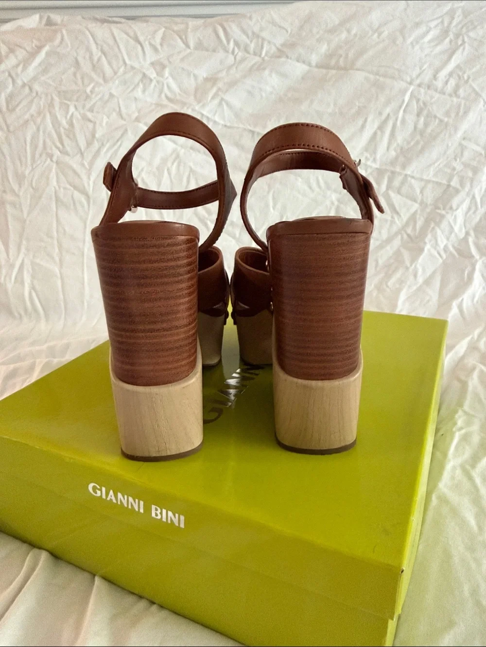 Gianni Bini Tan Leather Wood-Effect Platform Wedges